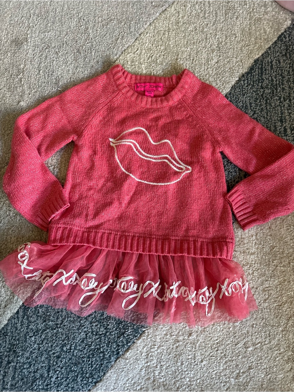 Betsey Johnson Hot Pink Knit Sweater Dress with Lip Embroidery and Tulle